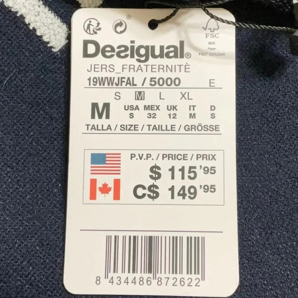 Desigual Fraternite Crewneck Pullover Sweater Navy Blue Small - Picture 6 of 7